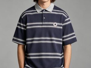 Converse Men's Navy Blue Striped Polo Shirt, Short Sleeve Contrast Grey Collar Casual Top,