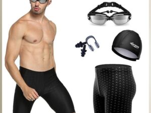 Mens Swimwear Set with Adjustable Anti Fog Swimming Goggles, Swim Cap, Nose Clip, Ear Plugs and