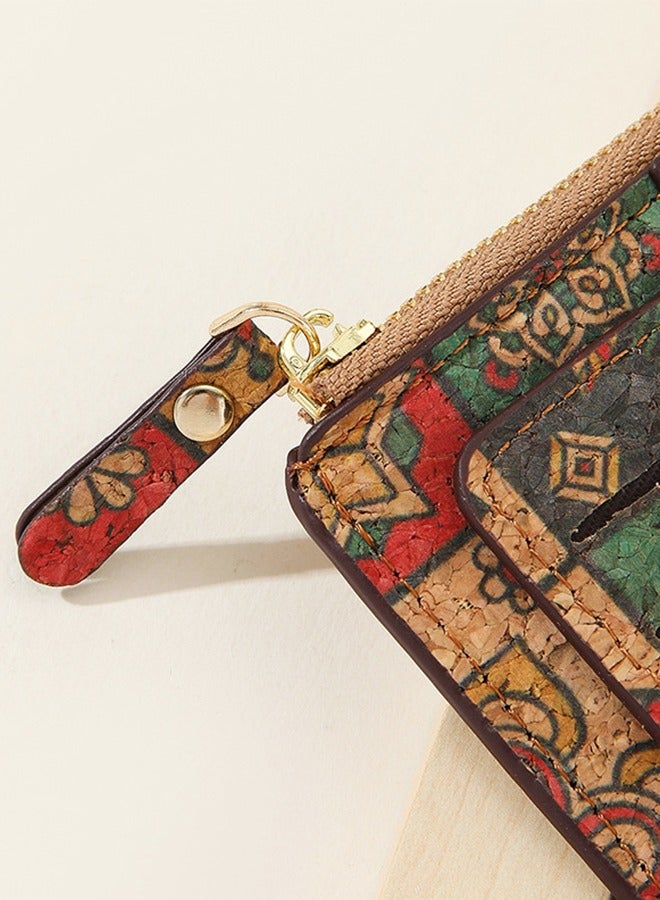 Small Slim Thin Credit Card Bag for Women, Vintage Print Blocking Bifold Cork Wallet with Zipper - Image 4