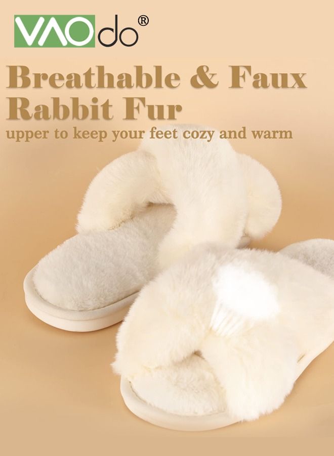 Womens Fuzzy Memory Foam Slippers Cross Band Cozy Plush Home Slippers Fluffy Furry Open Toe House - Image 5