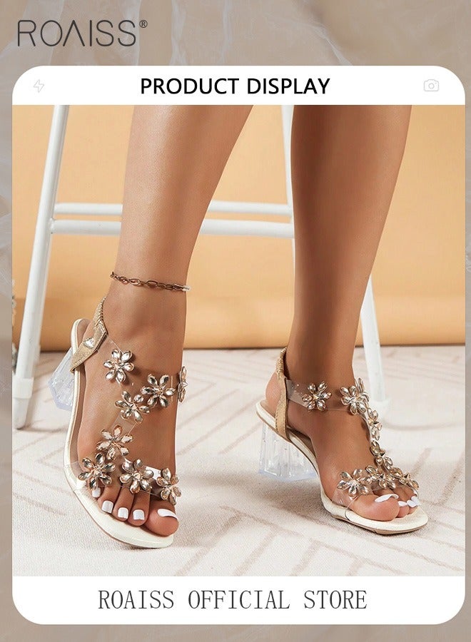 Women's Transparent Rhinestone Flower High Heels Women's Square Toe High Heel Sandals Women's Block - Image 5