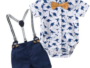 3 Piece Comortable Clothing Set for Toddler Boys, Little Gentleman Short Sleeve Romper Shirt and