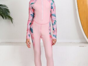 Girls One-Piece Zipper Sun Protection Swimsuit, Long Sleeve Long Pants Wetsuit for Kids, Swimwear