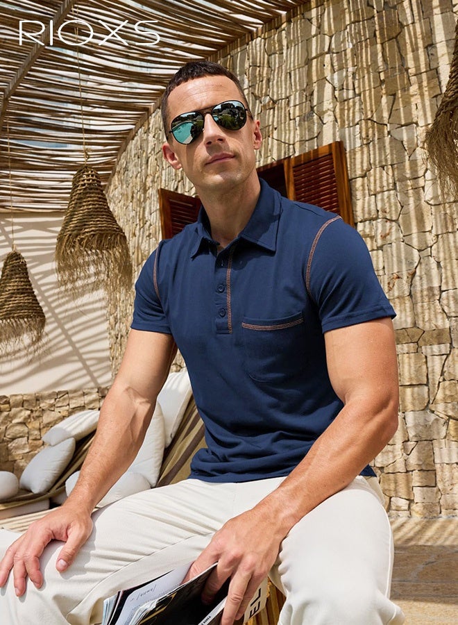 Men's Polo Shirts, Classic Button Cotton T-Shirt, Short Sleeve Casual Golf Tee Tops, Soft - Image 5
