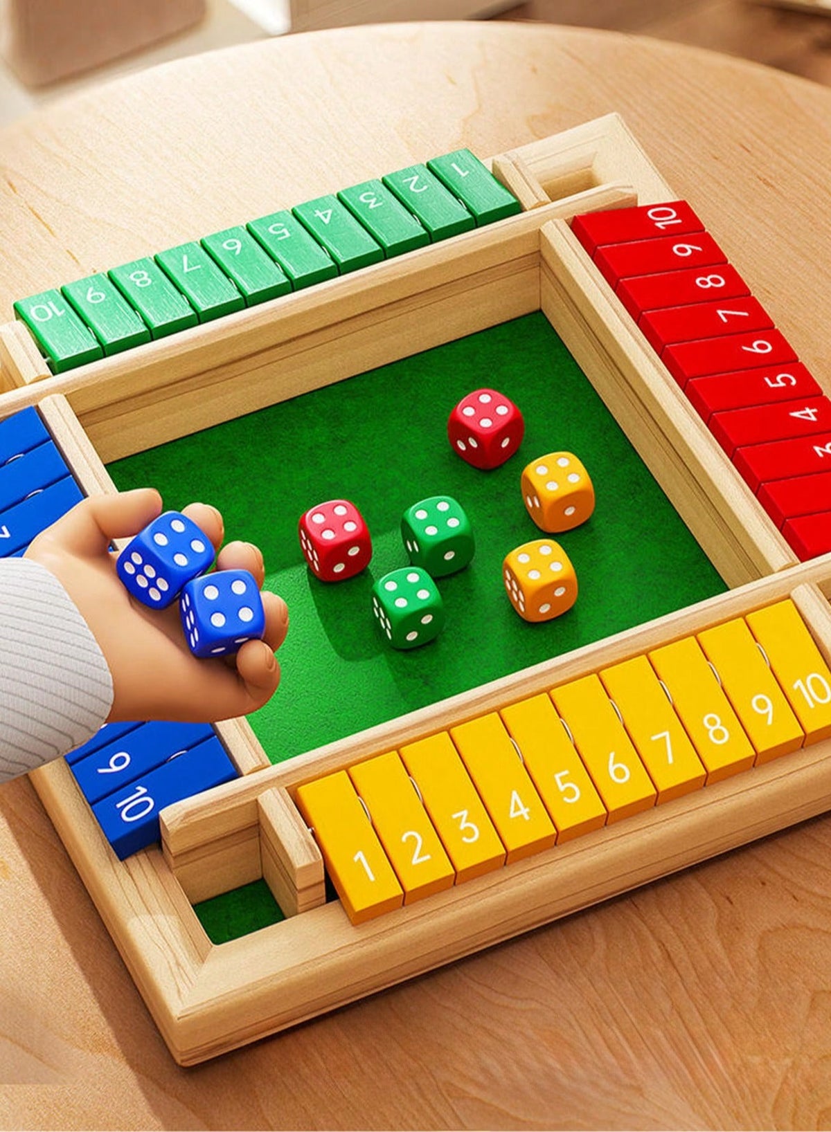 Classic Wooden Shut the Box Game (2-4 Players) – 4-Sided Board with 8 Dice & Number Tiles, Fun &