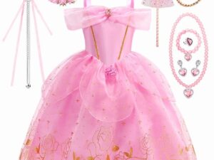 Deluxe Princess Costume Set with 8PCS Accessaries, Fancy Elegant Off Shoulder Frock, Fairy Dress