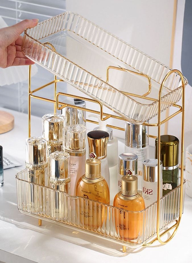 Makeup Organizer Dresser Cosmetic Storage Box PET Metal Bathroom Skin Care Product Double-Layer - Image 4