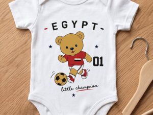 FIFA Egypt Football Printed Unisex Baby Onesie, Little Champion Teddy Graphic, Soft Cotton Infant