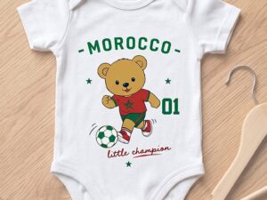 FIFA Morocco Football Printed Unisex Baby Onesie, Little Champion Teddy Graphic, Soft Cotton Infant
