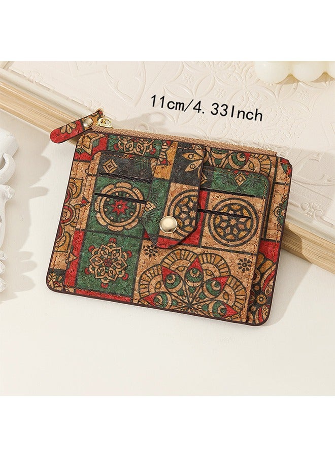 Small Slim Thin Credit Card Bag for Women, Vintage Print Blocking Bifold Cork Wallet with Zipper - Image 5