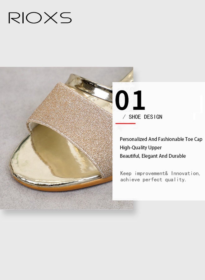 Women's Heeled Sandals, Fashion Strappy Chunky Heels Sandals, Ladies Sparkly Square Block Open Toe - Image 4