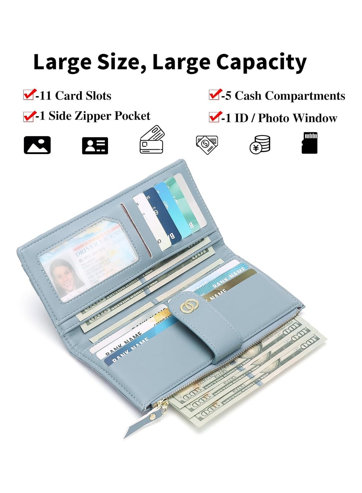 Womens Wallet Slim Rfid Blocking Bifold Leather Credit Card Wallets for Women Clutch with Zipper - Image 3