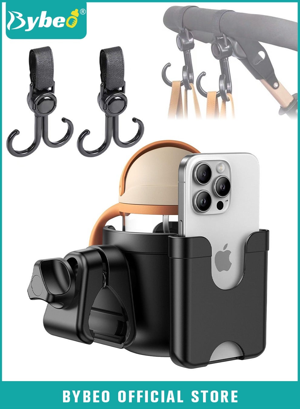 Stroller Cup Holder with Phone Storage Box with 2-Piece Stroller Hooks, Anti-Slip Stroller - Image 2