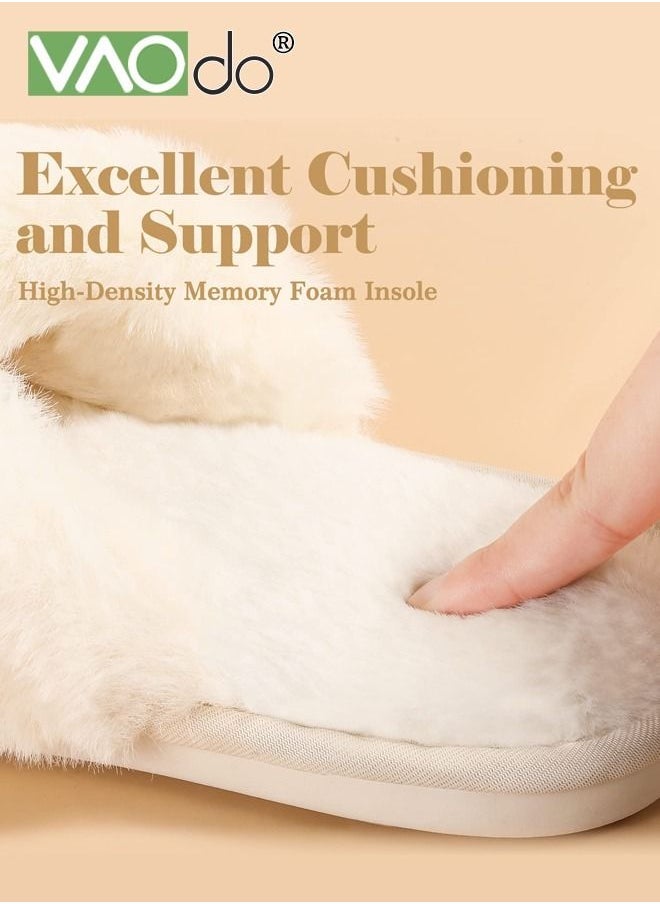 Womens Fuzzy Memory Foam Slippers Cross Band Cozy Plush Home Slippers Fluffy Furry Open Toe House - Image 3