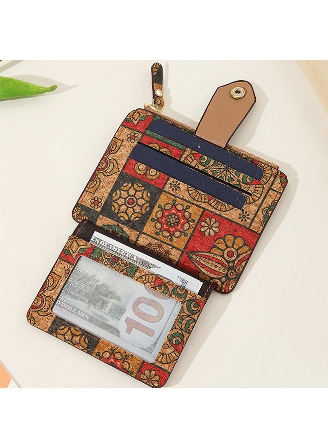 Small Slim Thin Credit Card Bag for Women, Vintage Print Blocking Bifold Cork Wallet with Zipper - Image 3