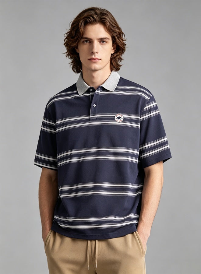 Converse Men's Navy Blue Striped Polo Shirt, Short Sleeve Contrast Grey Collar Casual Top, - Image 3