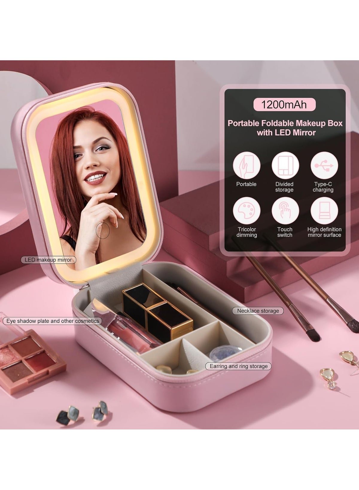 Portable Makeup Jewelry Box with LED Mirror, Small Makeup Bag with Light Mirror, Three-Color - Image 3