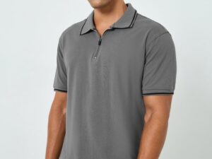 Classic grey piqué polo shirt tailored in a relaxed fit for all-day comfort. Featuring a modern zip