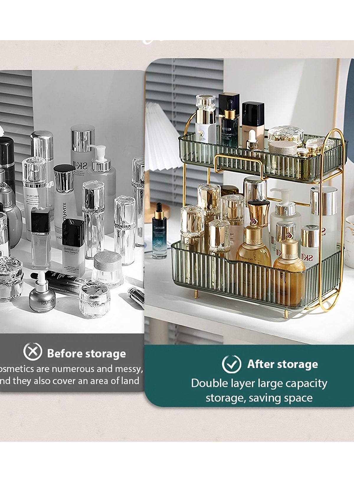 Makeup Organizer Dresser Cosmetic Storage Box PET Metal Bathroom Skin Care Product Double-Layer - Image 5
