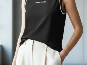 Ladies Sleeveless Cotton T-Shirt Black Breathable Contrast Piping Tank Top Soft Stretchable Women’s