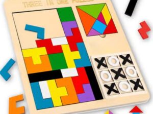 3-in-1 Puzzle Game for Kids - Educational Colorful Square Tangram, Chess, & Tic-Tac-Toe -