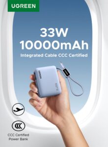 10000mAh 33W Mini Power Bank with Built-in USB-C Cable, PD3.0/QC3.0