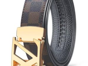 This men's automatic buckle belt features a quick-release mechanism for precise, one-second