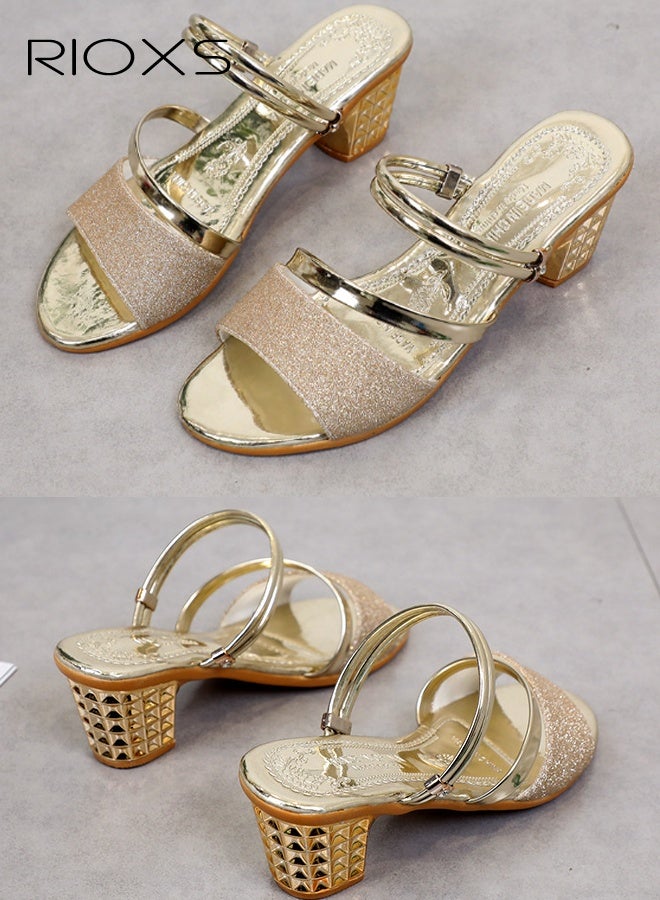 Women's Heeled Sandals, Fashion Strappy Chunky Heels Sandals, Ladies Sparkly Square Block Open Toe - Image 2