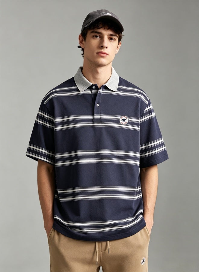 Converse Men's Navy Blue Striped Polo Shirt, Short Sleeve Contrast Grey Collar Casual Top, - Image 4