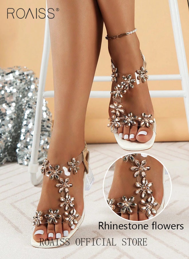 Women's Transparent Rhinestone Flower High Heels Women's Square Toe High Heel Sandals Women's Block - Image 3