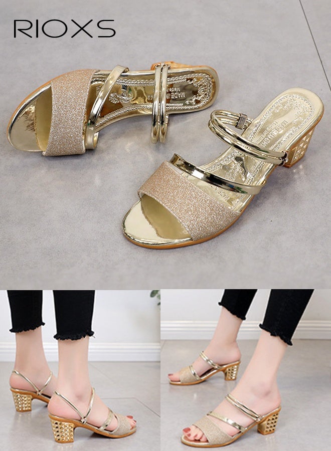 Women's Heeled Sandals, Fashion Strappy Chunky Heels Sandals, Ladies Sparkly Square Block Open Toe - Image 3