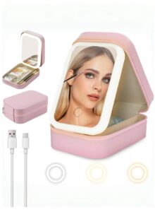Portable Makeup Jewelry Box with LED Mirror, Small Makeup Bag with Light Mirror, Three-Color