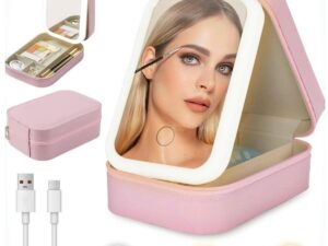 Portable Makeup Jewelry Box with LED Mirror, Small Makeup Bag with Light Mirror, Three-Color
