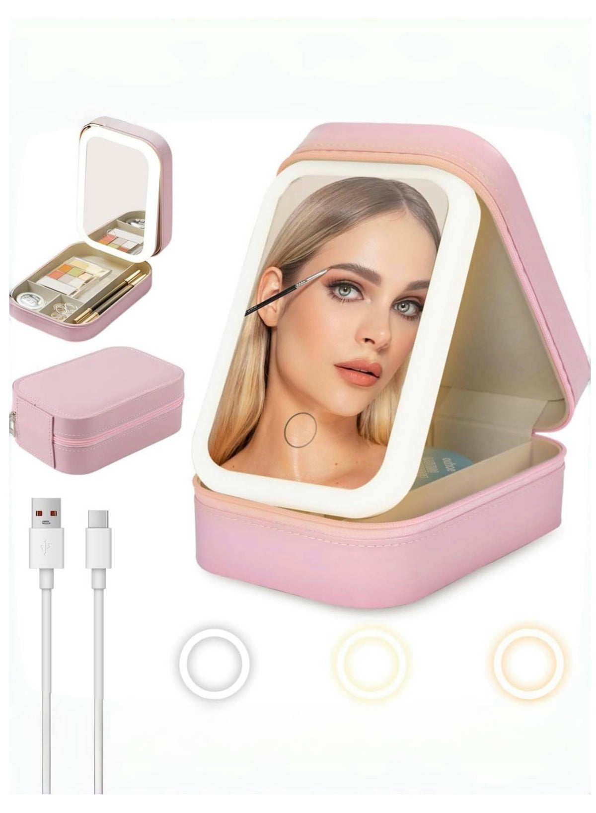 Portable Makeup Jewelry Box with LED Mirror, Small Makeup Bag with Light Mirror, Three-Color