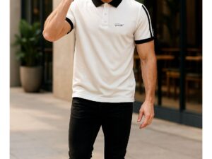 Men’s Stretchable Cotton Polo Shirt – Short Sleeves, Breathable, White & Black – Perfect for Office