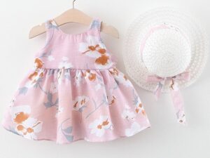 Baby Girl Dress Set with Hat, Stylish Spaghetti Strap Dress with Floral Patterns and Big Bowknot,