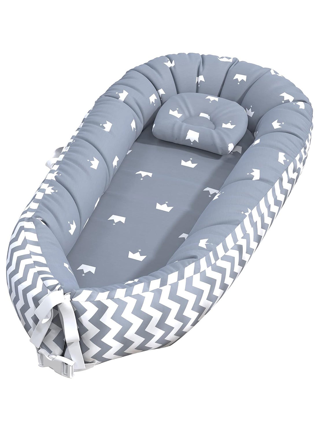 The cozy portable baby nest bed offers a comfy spot that lets the baby rest, lounge, play, cuddle,