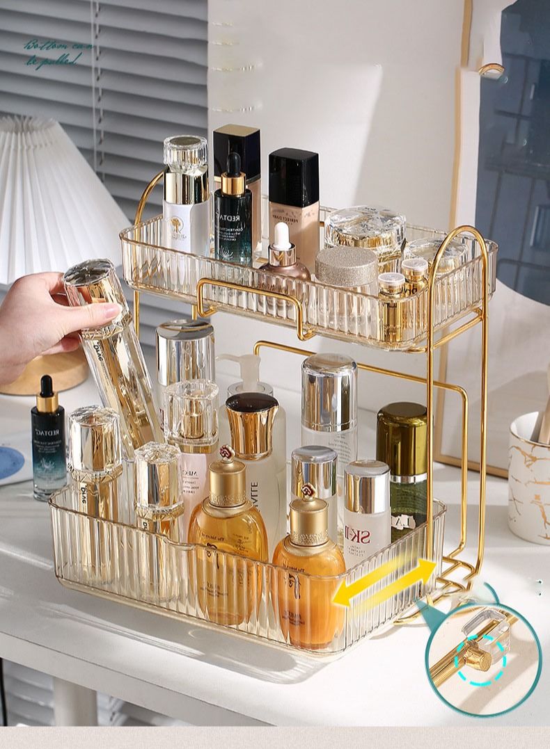 Makeup Organizer Dresser Cosmetic Storage Box PET Metal Bathroom Skin Care Product Double-Layer - Image 3