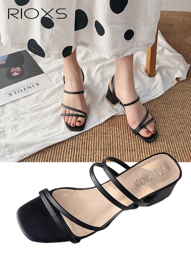 Women's Heeled Sandals, 5.5cm Mid Heel Sandals, Strappy Block Chunky Heels for Women, Fashion - Image 3