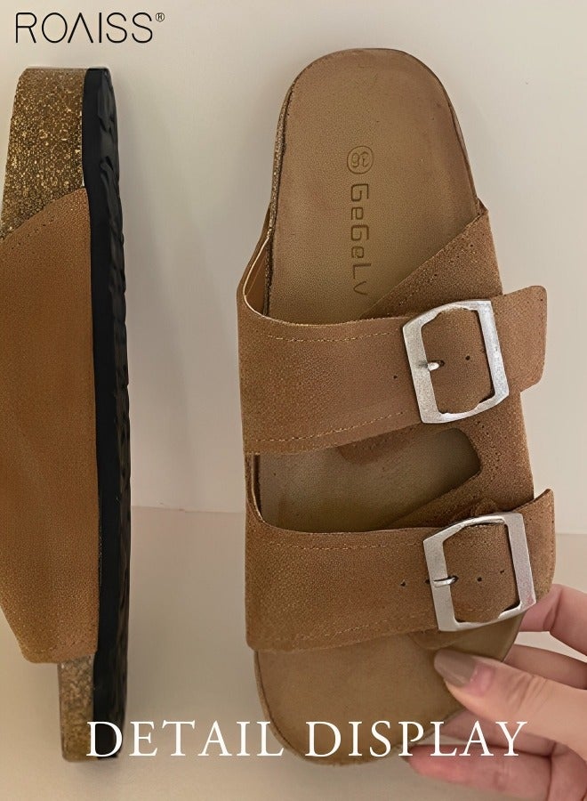 Women's Straight Cut Open Toe Slippers Frosted Soft Thick Sole Anti Slip Sandals Adjustable - Image 4