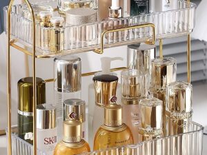 Makeup Organizer Dresser Cosmetic Storage Box PET Metal Bathroom Skin Care Product Double-Layer