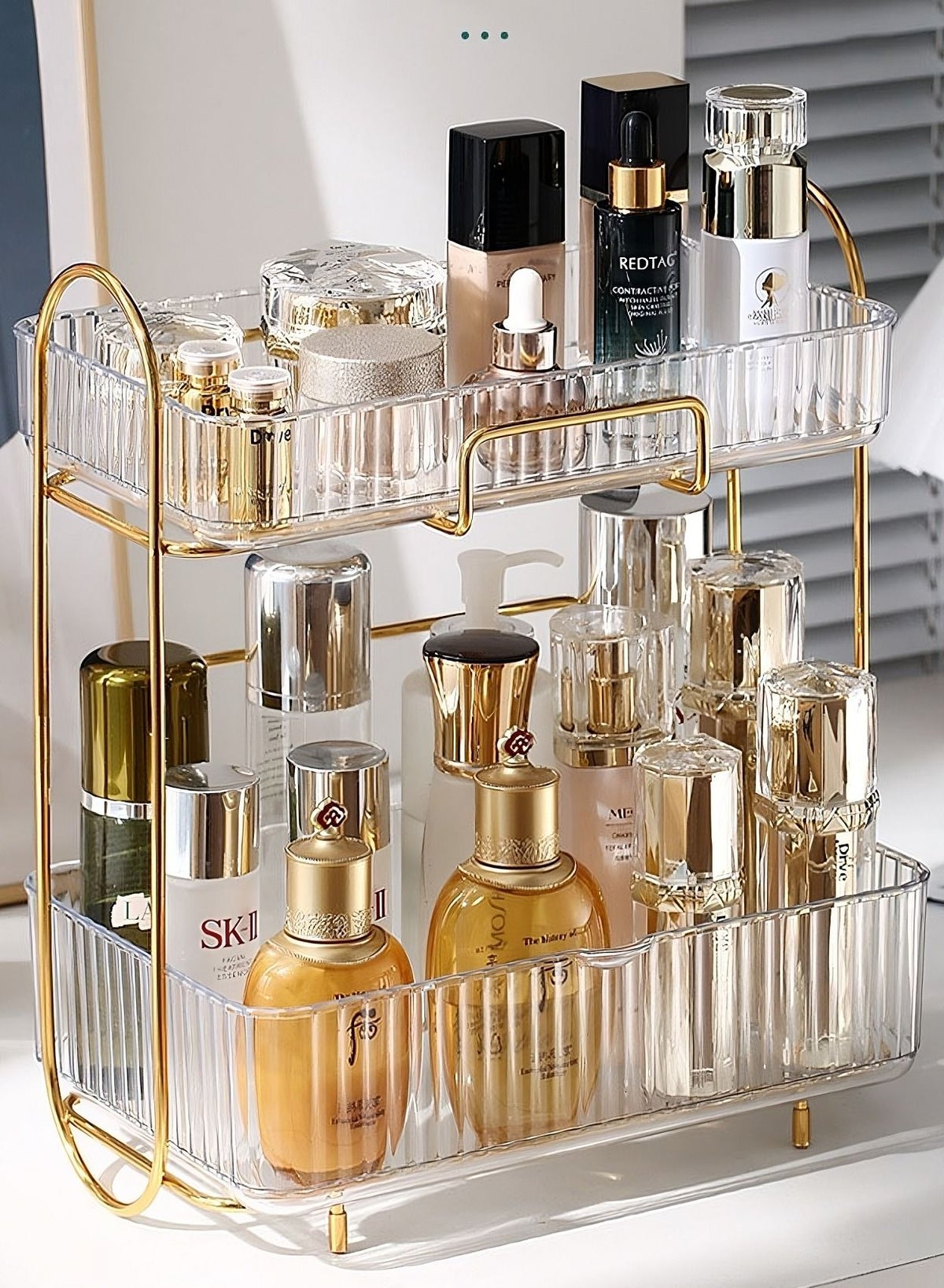 Makeup Organizer Dresser Cosmetic Storage Box PET Metal Bathroom Skin Care Product Double-Layer