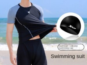 Men's Swimming Suit And Cap Set, Separated Anti-embarrassment Large Size Double-layer Swim Trunks,