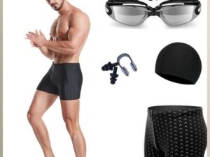 Adult Men's Short Swim Trunks Set with Professional Anti-Fog Swim Goggles Nose Clip Ear Plugs and