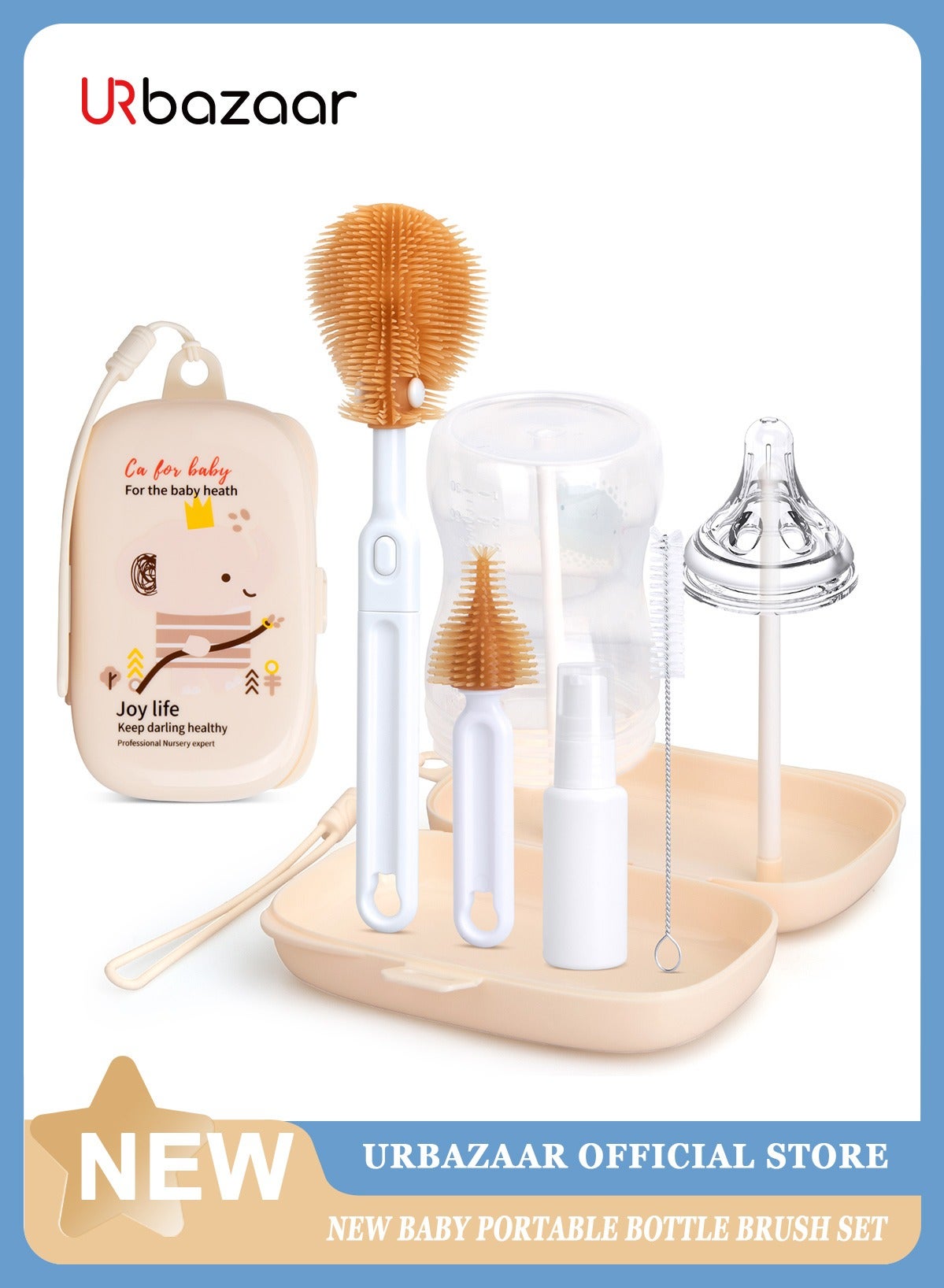 Baby Bottle Cleaning Kit with Silicone Brush, Nipple Brush, Straw Brush and Drying Rack - 6 in 1