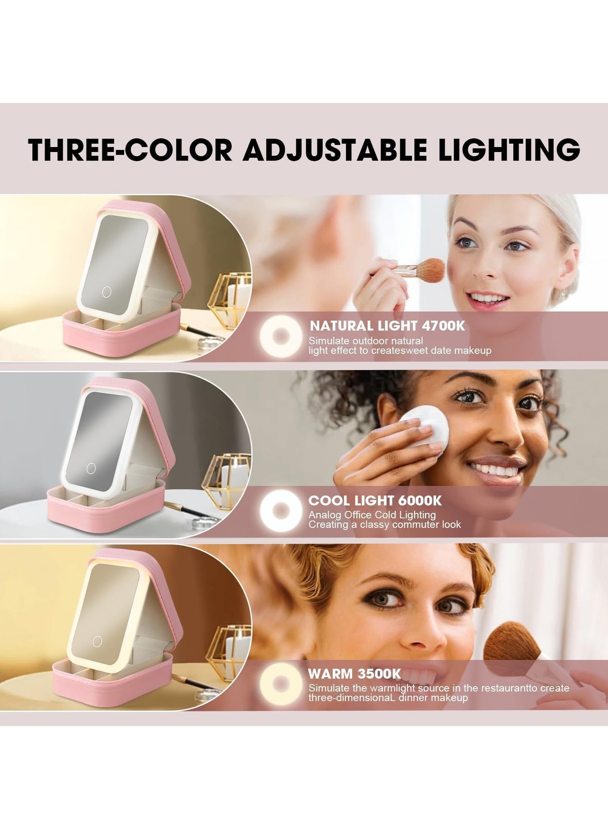 Portable Makeup Jewelry Box with LED Mirror, Small Makeup Bag with Light Mirror, Three-Color - Image 2