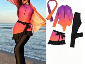 4 Piece Women's Swimsuit, Beach Sun Protection Clothing, Conservative Style Long Sleeve Swimwear,