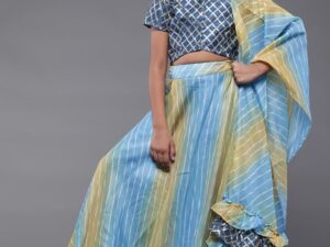 This beautiful blue and yellow lehenga choli set is perfect for young girls who love to dress up.