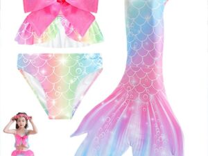 Girls 3 Piece Mermaid Swimsuit Princess Bikini Set with Mermaid Tail Kids Mermaid Costume for Party
