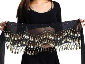 Imported Belly Dance Wrap Belt Skirt Black With Gold Coins Suitable For 8+ Years One Size for